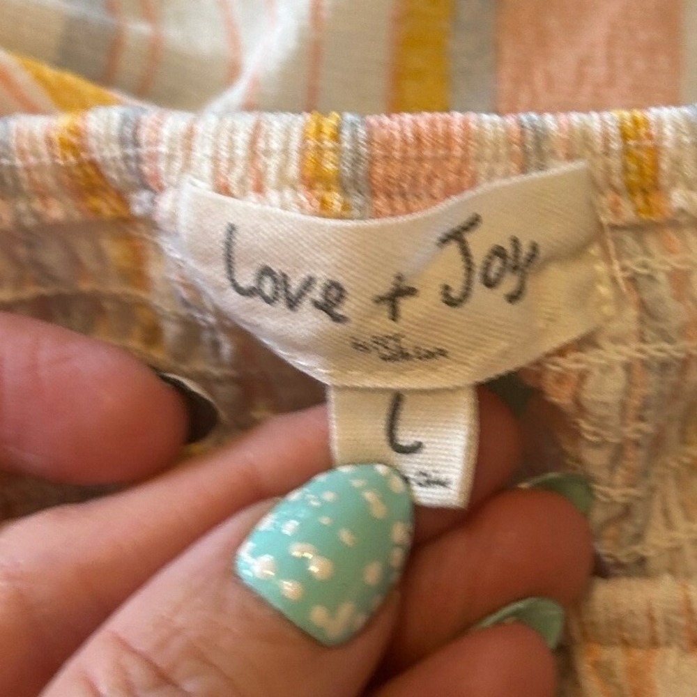 Love + Joy Striped Smocked Off Shoulder Top Large Peach Yellow Boho Ruffle Crop - Picture 2 of 3